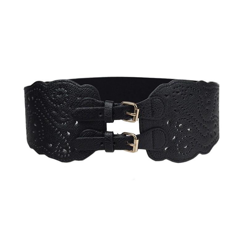 Elastic Wide Women Belts Double Buckle Ladies Belts For Dresses Coat Female Leather Corset Belt Black White Waistband