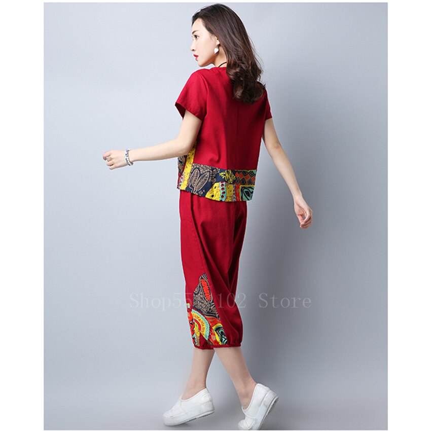 Nationale Stijl Vintage Tang Pak Vrouwen Print Korte Mouw Gesp Top Katoen Losse Broek Chinese Felame Zomer Outsuit