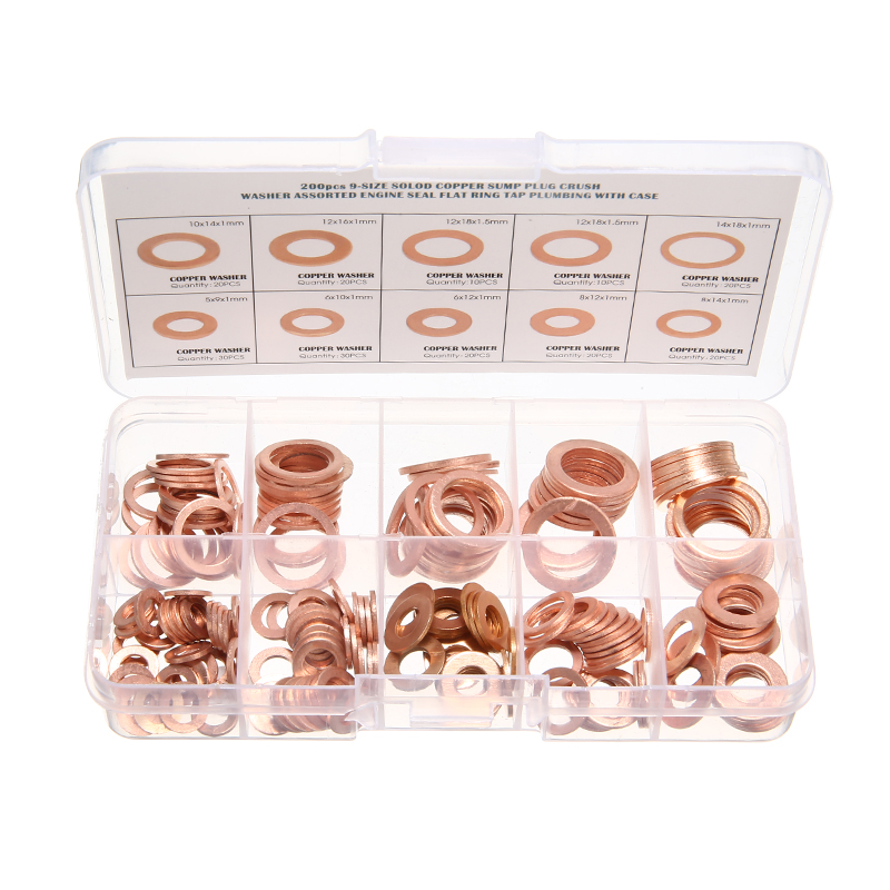 Mayitr 200pcs Solid Copper Washer M5-M14 Full Gasket Seal Flat Ring Fuel Hydraulic Fittings Set for Auto Hardware Tools