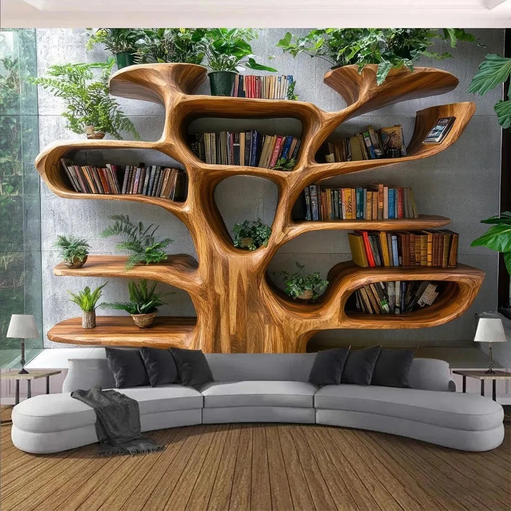 Tree Bookshelf Wall Hanging Multiple Sizes 2D Print Nordic Plants Study Decor 100 Polyester Machine Wash Tranquil Feel: 1900MM×1250MM