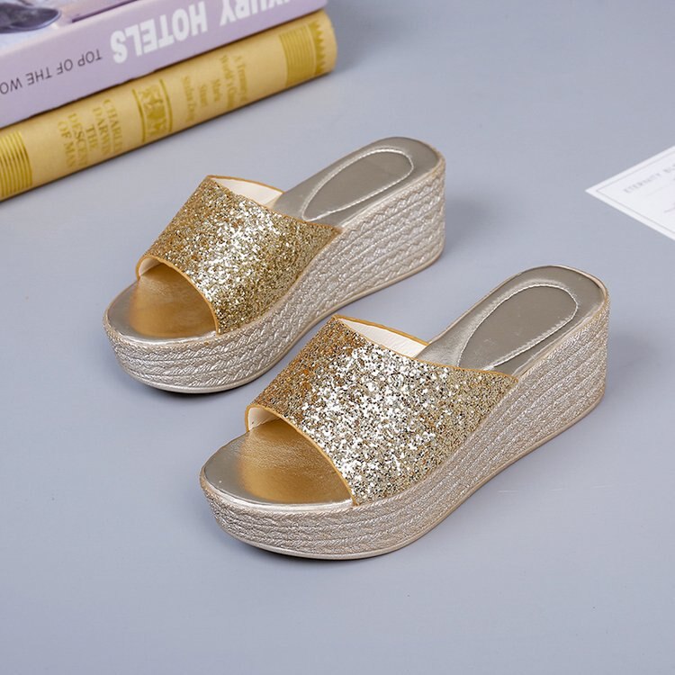 Zomer bling dames slippers rome retro casual schoenen dikke onderkant wig hak open teen sandalen strandschoenen slip on slides dames: Goud / 38