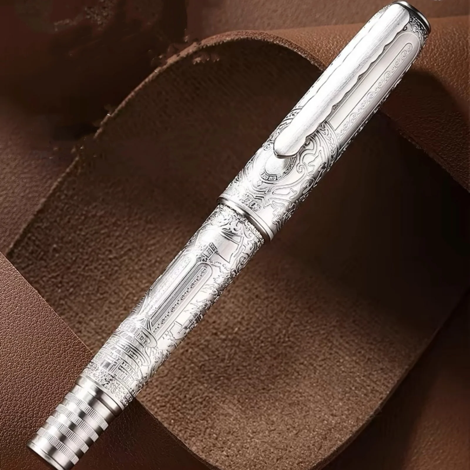 Pluma estilográfica Hongdian 100 de pistón Iridium EF/F/M/punta de cuchillo largo, hermosa pluma de de escritura grande con grabado de Metal
