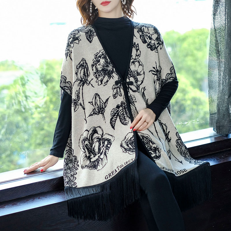 årgang frynset strikket kappe floral poncho flaggermus-ermer dusker kappe cardigan genser sjal kvinne kåpe  l3971