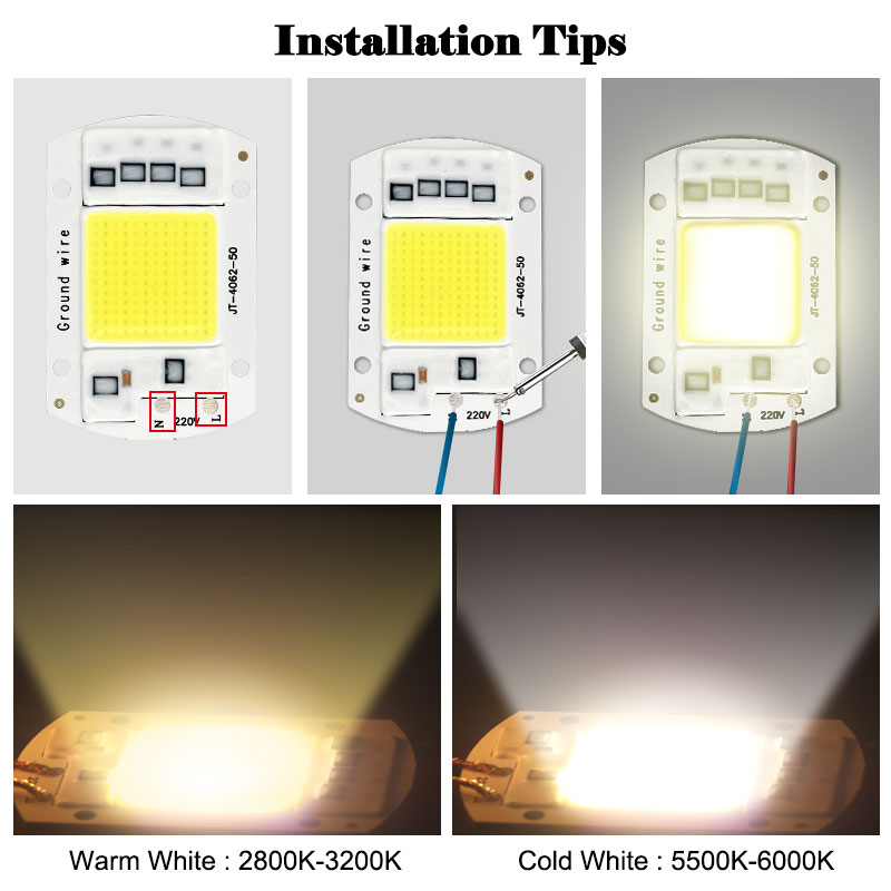 10 stk cob led lampe chip 10w 20w 30w 50w led cob pære lampe 220v ip65 smart ic driver kold/varm hvid led spotlight projektør