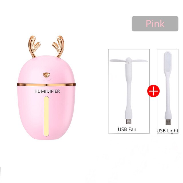 450ml grote capaciteit schattige herten luchtbevochtiger nachtlampje usb-oplaadbaar aromatherapie etherische olie luchtverspreider mistmaker voor in de auto: Roze 3 in 1