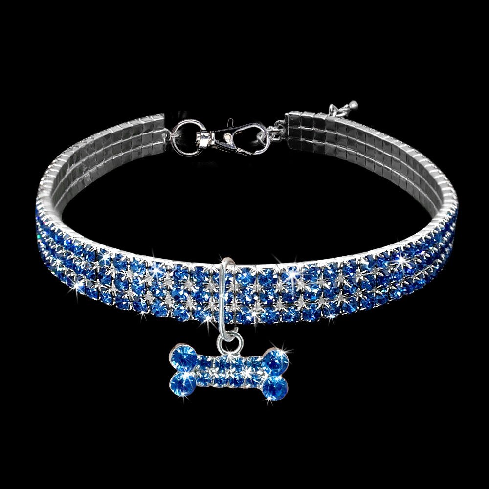 1 stk diamant kæledyr hundehalsbånd glitter skinnende justerbar ensfarvet rhinestone pet choker enkel hvalp: Blå / M