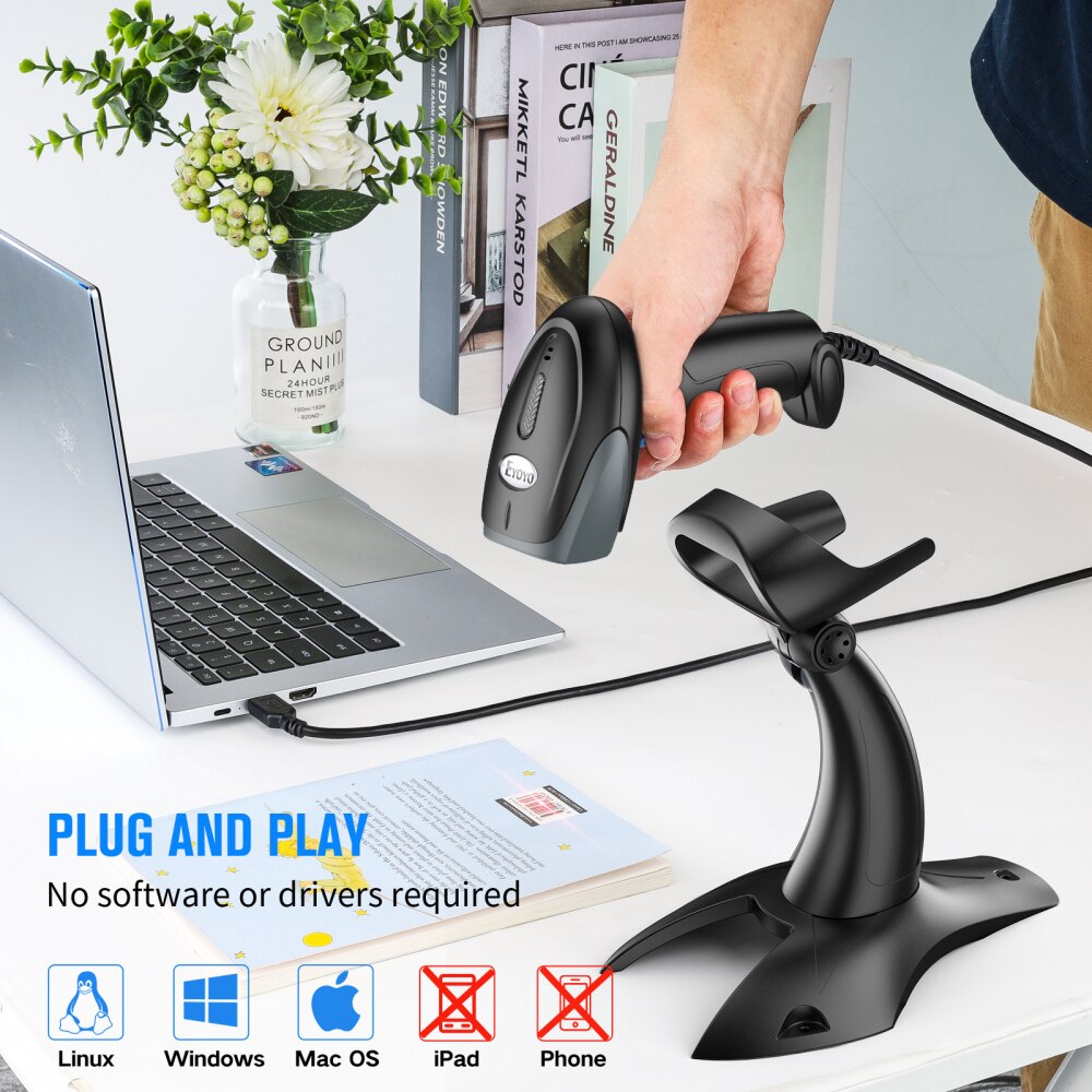 Eyoyo USB Wired 1D Barcode Scanner Adjustable Stand Handheld Bar Code Reader Plug&amp;Play For Library Store Warehouse POS System