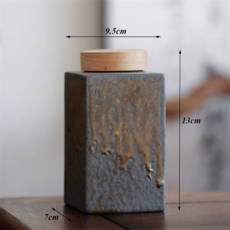 Ceramic Handmade Tea Caddy Coarse Pottery Geometric Sealed Storage Jar with Wood Cover Food Container Tea Ceremony: C