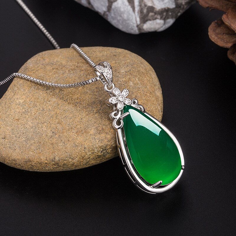 Natural Green Jade Chalcedony Water Pendant 925 Silver Necklace Chinese Carved Charm Jewelry Amulet for Women