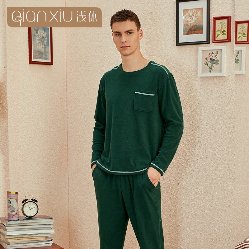 Herfst Winter grijs & groene kleur heren Pyjama dubbelzijdig schuren man Pyjama Set Toevallige Mannelijke Nachtkleding Pijamas homewear
