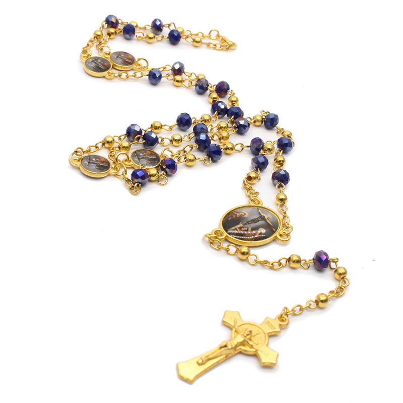 5 stili moda cattolica vergine maria gesù piccola dimensione rotonda perla accessori gioielli catena croce pendente rosario perline collana: Style 3-blue