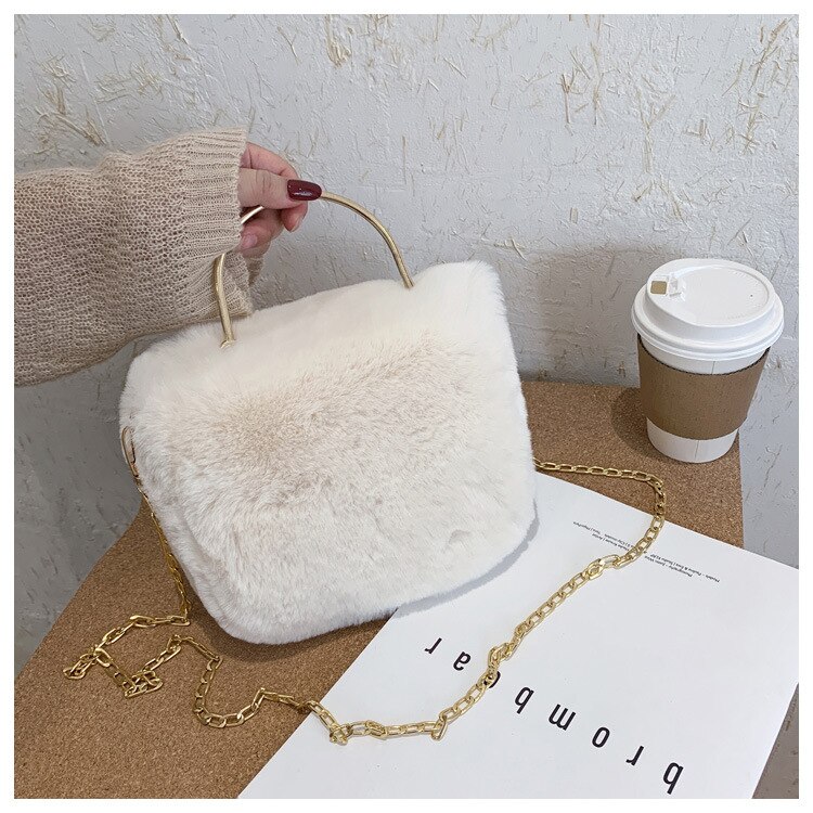 Meisje Mooie Zachte Pluche Schoudertas Faux Fur Winter Keten Crossbody Tas Draagbare Lady Casual Tote Party Handtas: WHITE