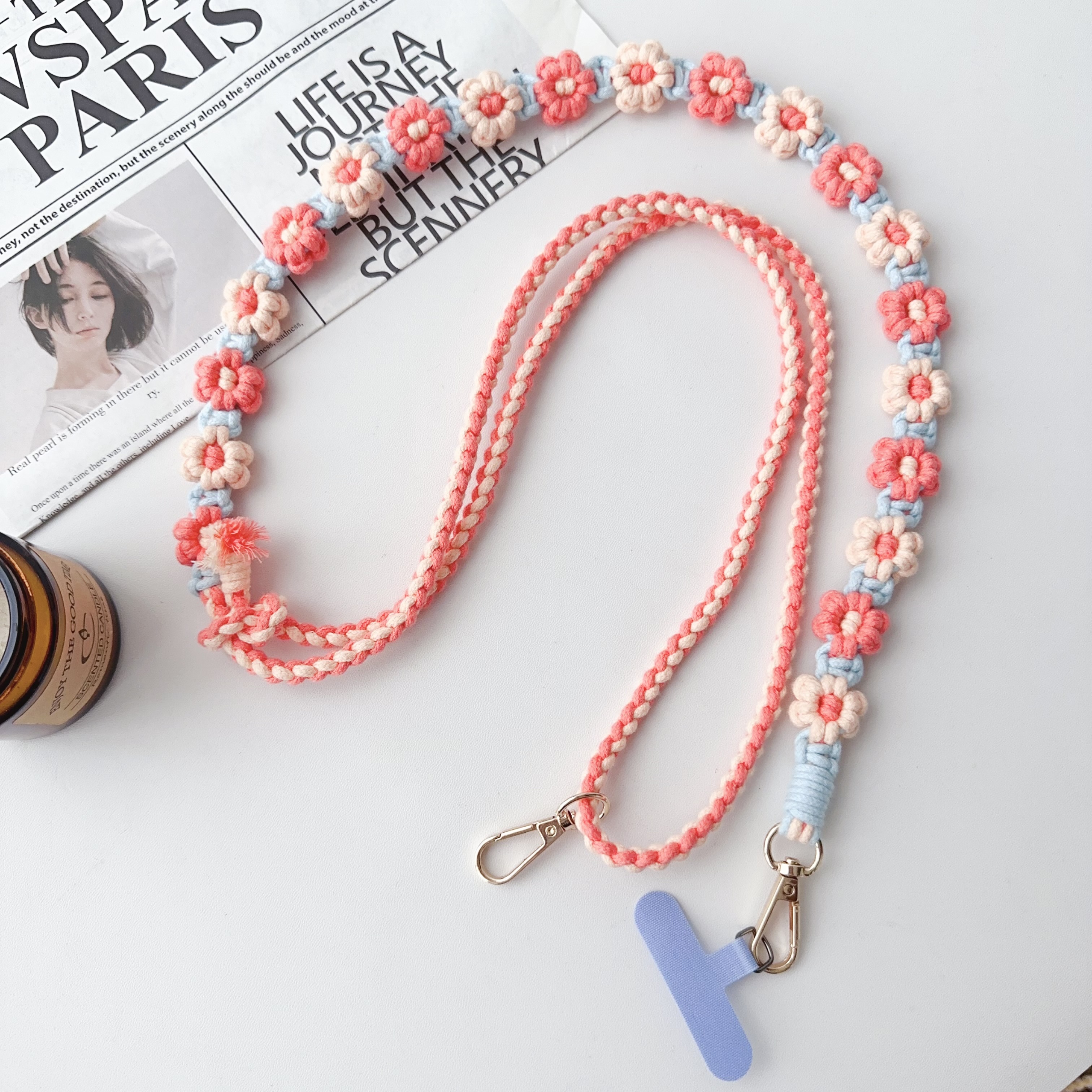 Handgemaakt Madeliefje Verstelbare Lengte Geweven Riem Universele Telefoonband Handgeweven Daisy Bloem Mobiele Telefoon Tas Cross-Body Lanyard: Roze