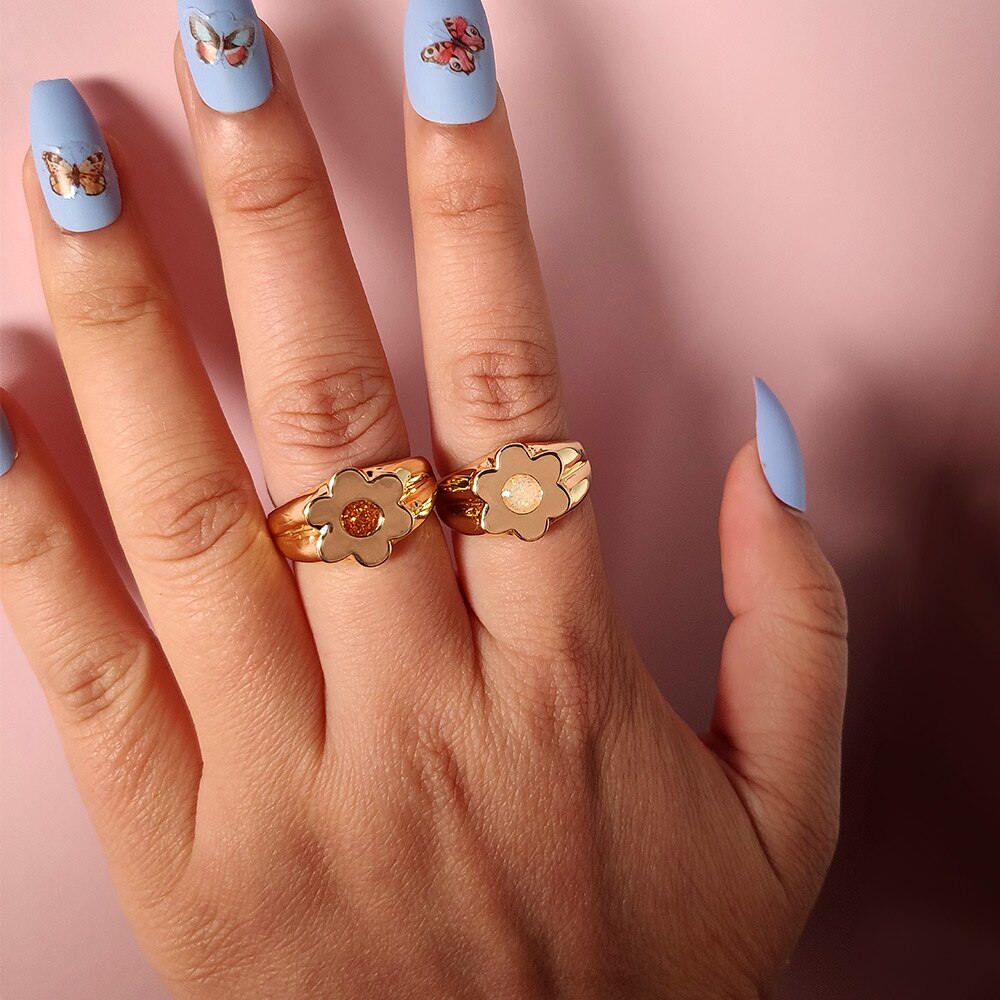 Flatfoosie Neue Koreanische Blume Metall Ringe für Frauen modisch Gold Farbe Emaille Blume Geometrische Index Finger Ringe Partei Schmuck