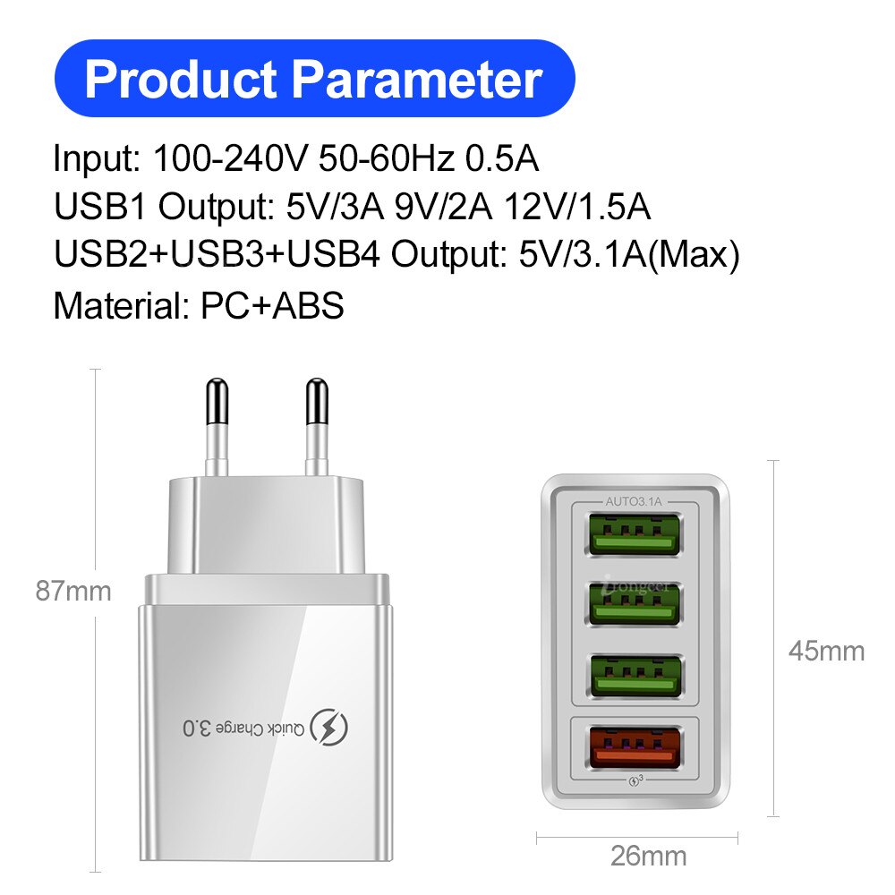 Cargador de teléfono USB de carga rápida, adaptador de carga rápida de 60W, 3,0, 4,0, de pared, 4 puertos, 5V, 3.1A, para iPhone X, 7, Samsung A50, Xiaomi