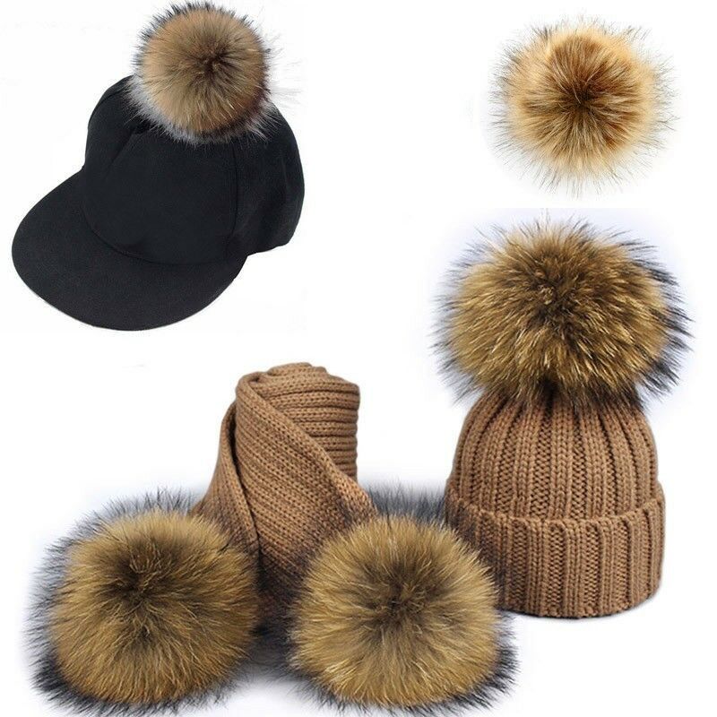 DIY Women Faux Raccoon Fur Pom Poms Ball for Knitting Beanie Hats Accessories Soft Hat Decoration with Buckle Hairball