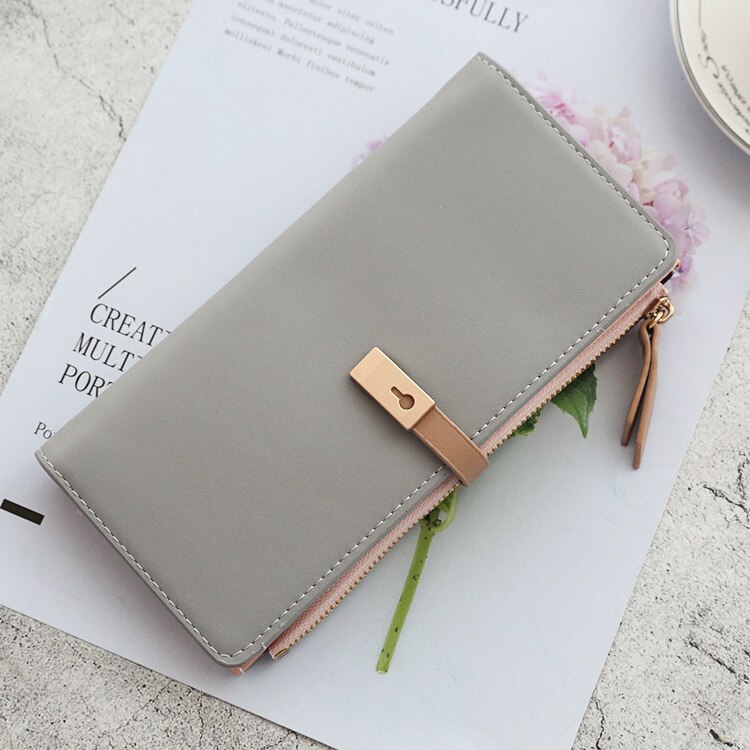 Korean Mori Ladies Thin Wallet Long Multi-function PU Wallet Simple Card Holder Zipper Buckle Coin Purse Clutch: Gray