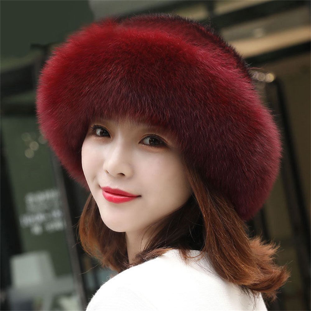1PC sztuczne futro z lisa czapki czapki kobiety dziewczyny stałe miękkie zagęszczony Furry berety kapelusz pani elegancka zima odkryty wiatroszczelna ciepła czapka: wine red