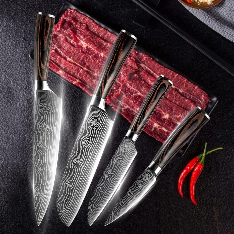 Juego de cuchillos de cocina Santoku para Chef, herramientas de pelado japonés para carne, frutas, pescado y verduras, cuchillas de acero inoxidable, 4 piezas