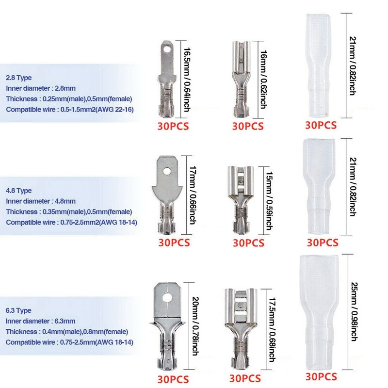 540 pièces 2.8/4.8/6.3Mm Fil Connecteurs Kit A Sertir Femelle/Mâle Cosses Ensemble pour le Câblage Électrique Voiture Haut-Parleur
