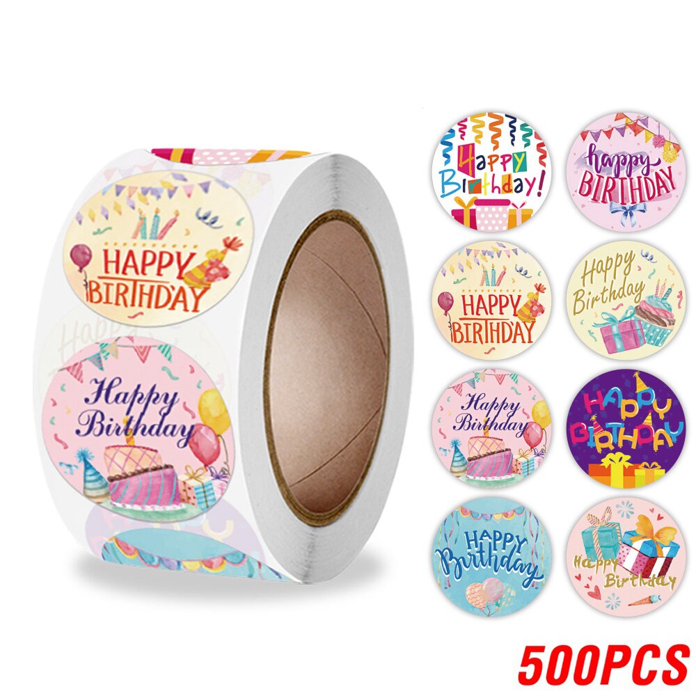 Pegatinas de feliz cumpleaños para niños, 100-500 piezas, 2,5 cm/1 pulgada, decoraciones de sellado, etiquetas para tarjetas de felicitación