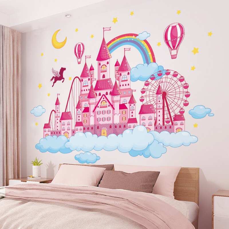 [shijuehezi] cartoon kasteel muurstickers diy wolken maan sterren muurstickers voor kinderkamer babykamer huisdecoratie