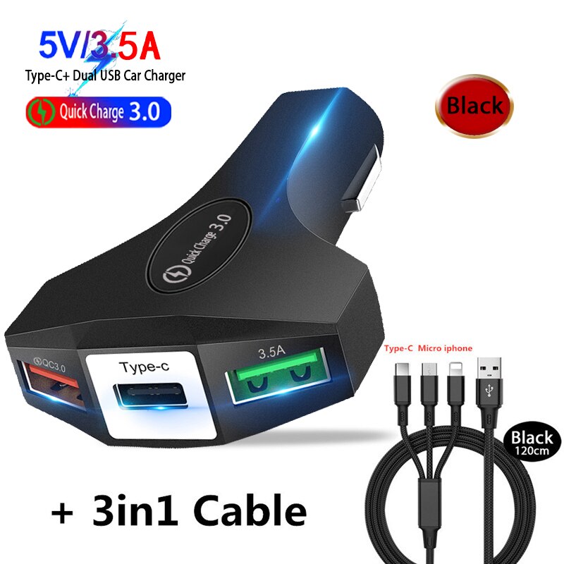 Quick Charge 3.0 Car 7A QC3.0 Turbo Fast Charging Car-charger 3 USB Car Mobile Phone Charger for iphone Micro USB Type C: Black and 3in1 Cable
