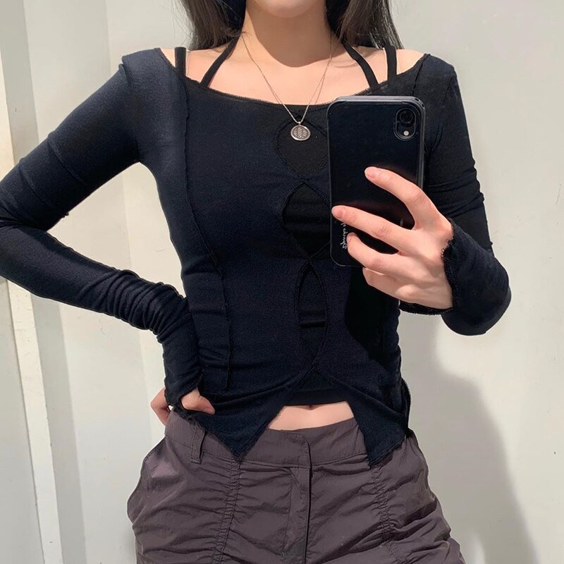 Wannathis roxo superior das mulheres manga longa camisas superiores 2020 oco para fora fenda hem outono streetwear magro algodão senhoras casual retalhos: Black / L