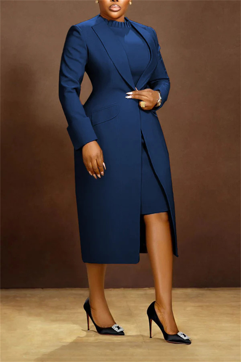 Elegante vintage 2-delige sets damesoutfit herfst winter kantoor dame zakelijk vest met lange mouwen jas en potloodjurksets: S / Blauw