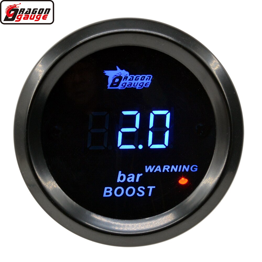 Dragon 2 Inch (52mm) Digital Auto Car Turbo Boost Gauge -1~2 Bar Meter Blue Backlight Red Warning Tips