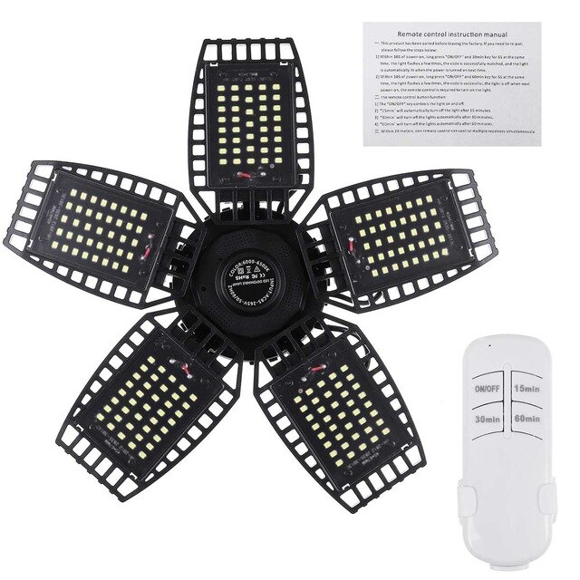 LED Garage Lights 300W E27 Garage Ceiling Light Adjustable Work Light Bulbs with 2/3/4/5 Panel Led Shop Lights+Remote Control: 5 Blades 300W