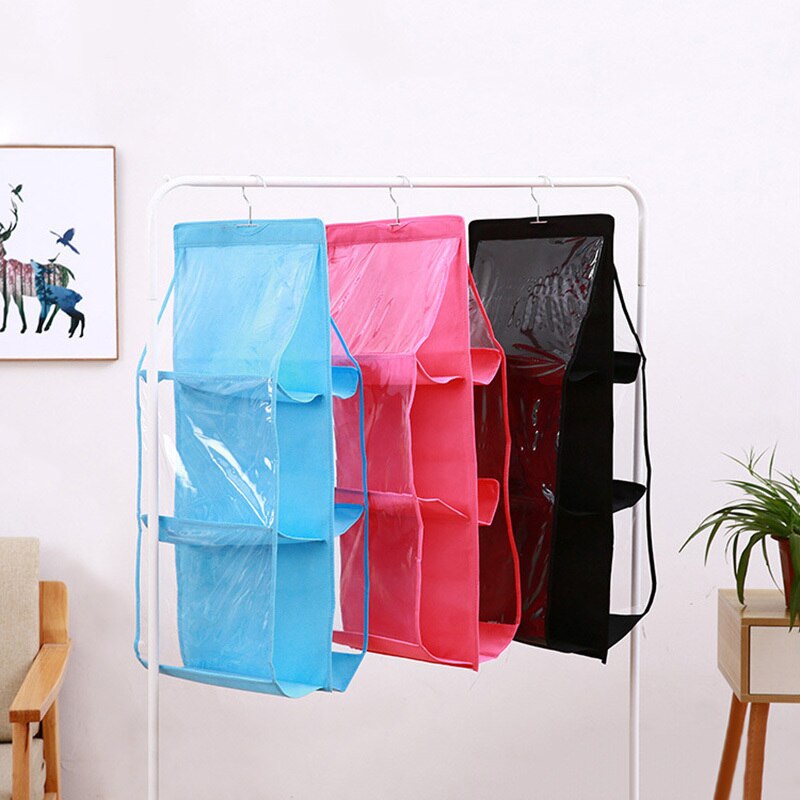 Pliable 6 poches Double face Transparent sac à main suspendu sac de rangement sac divers rangé organisateur garde-robe placard cintre