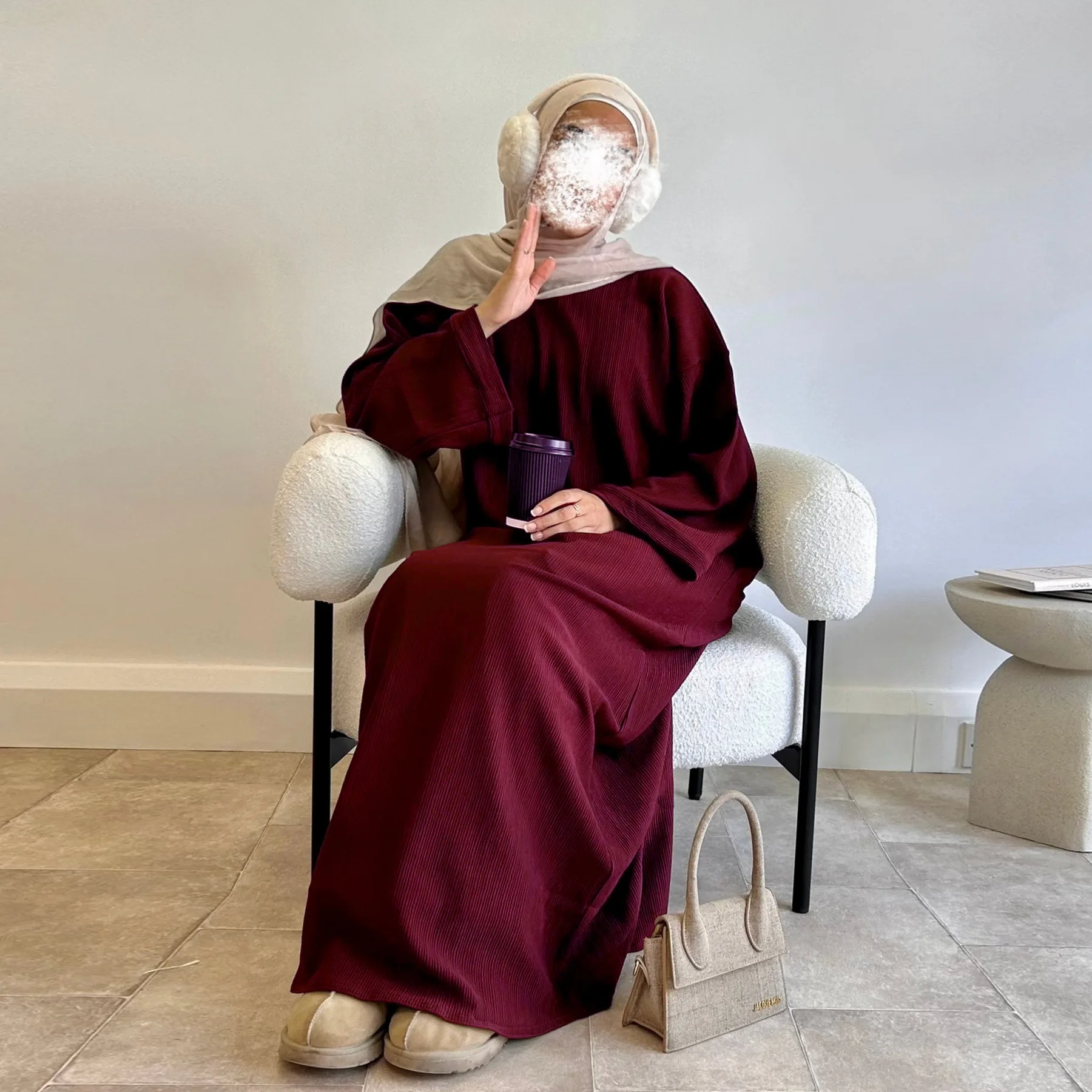 Robe Abaya en velours côtelé arabe pour femmes Ramadan dubaï femmes manteau musulman modeste hiver Islam vêtements nouvelle Robe solide turquie: L / Or