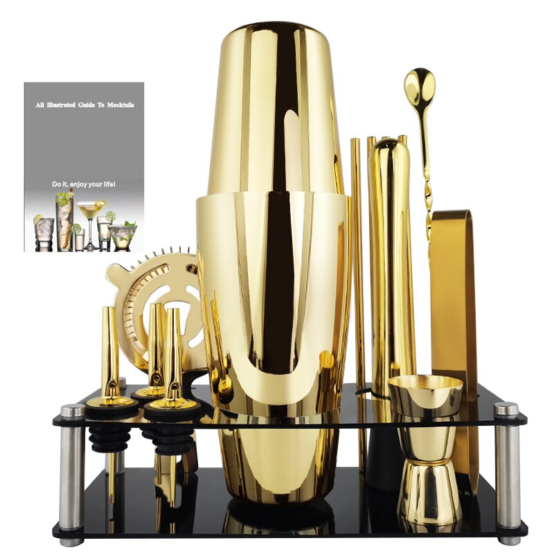 Black/Gold/Rose Gold Boston Cocktail Shaker Set 3-12 Pcs Bar Tools Set Martini Bartending Shakers Kit with Stylish Stand Recipe