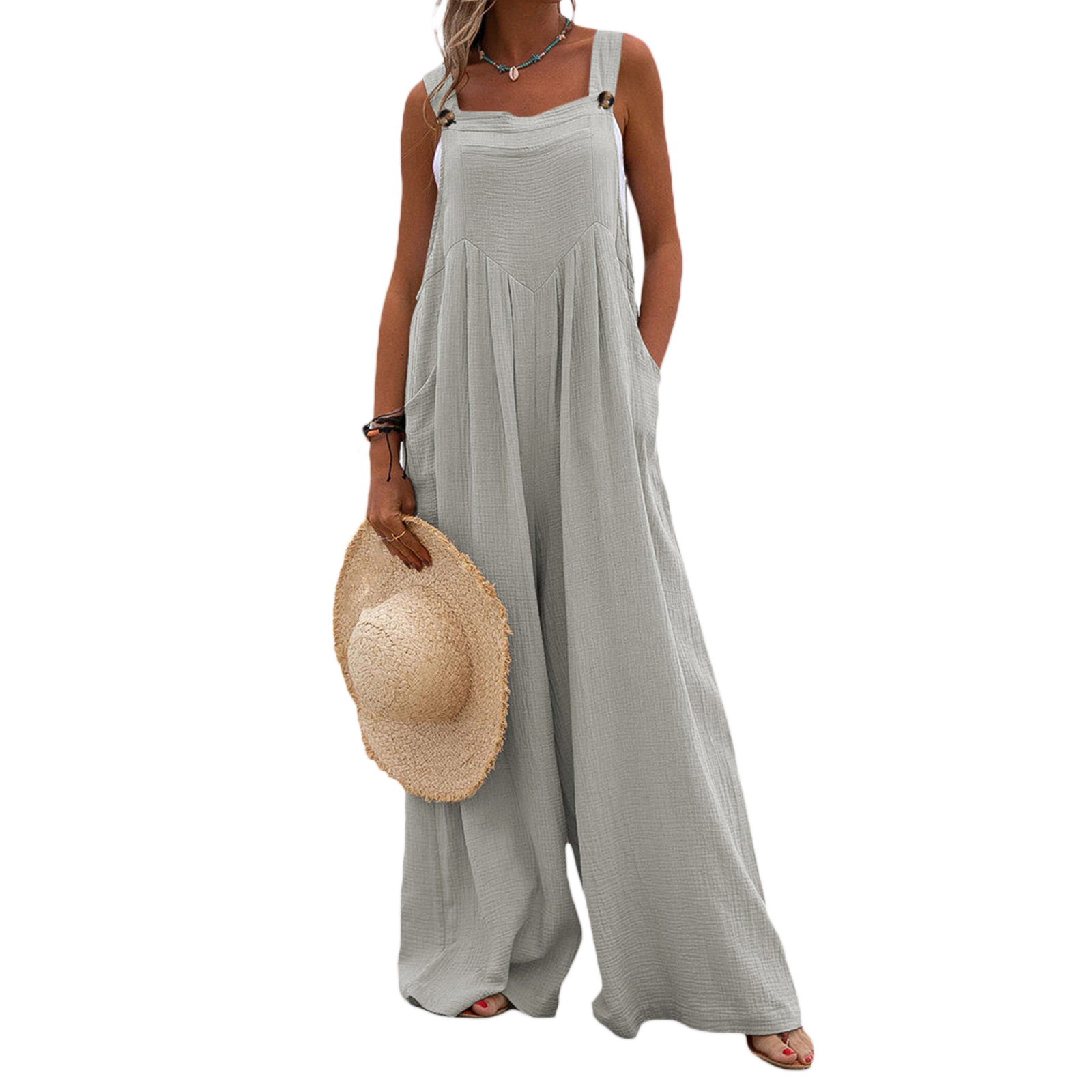 Overalls til kvinder sommer afslappet knapbukser med brede ben og seler, lange overalls med lommer, dameplantebukser: Xl / Elfenben