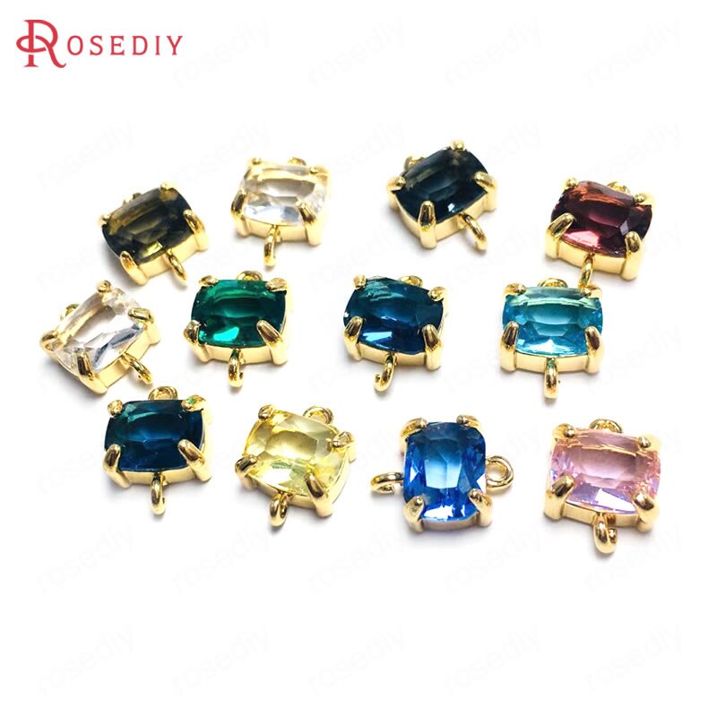 (38230)6PCS 8x10MM 24K Champagne Gold Color Brass and Glass 2 Holes Rectangle Connect Charms Pendants Diy Findings Accessories