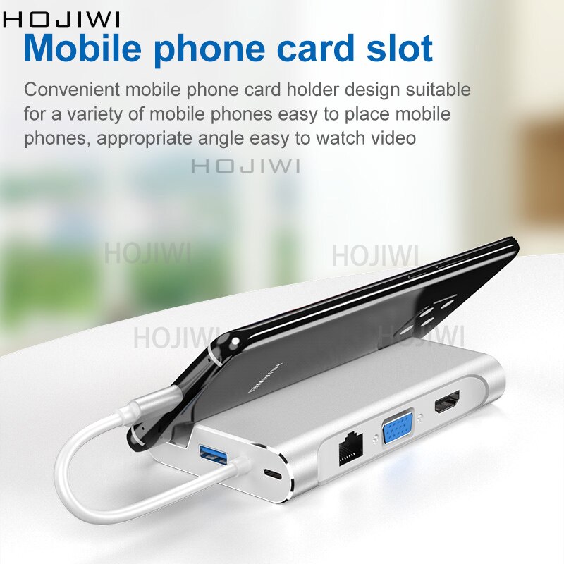 HOJIWI-concentrador tipo C 7 en 1, adaptador de USB-C a HDMI, 4K, VGA, soporte de teléfono móvil, Hub USB 3,0, para MacBook Pro AIR, huawei mate AA04