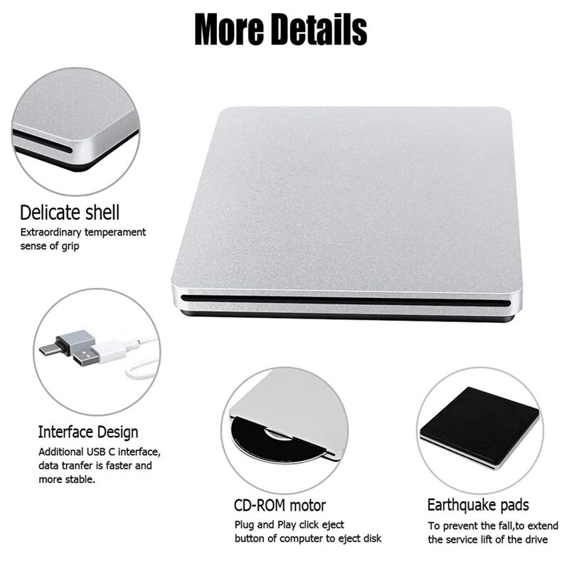 External CD DVD Drive Ultra-Thin USB CD DVD Burner CD DVD Player for Laptop Mac Desktop