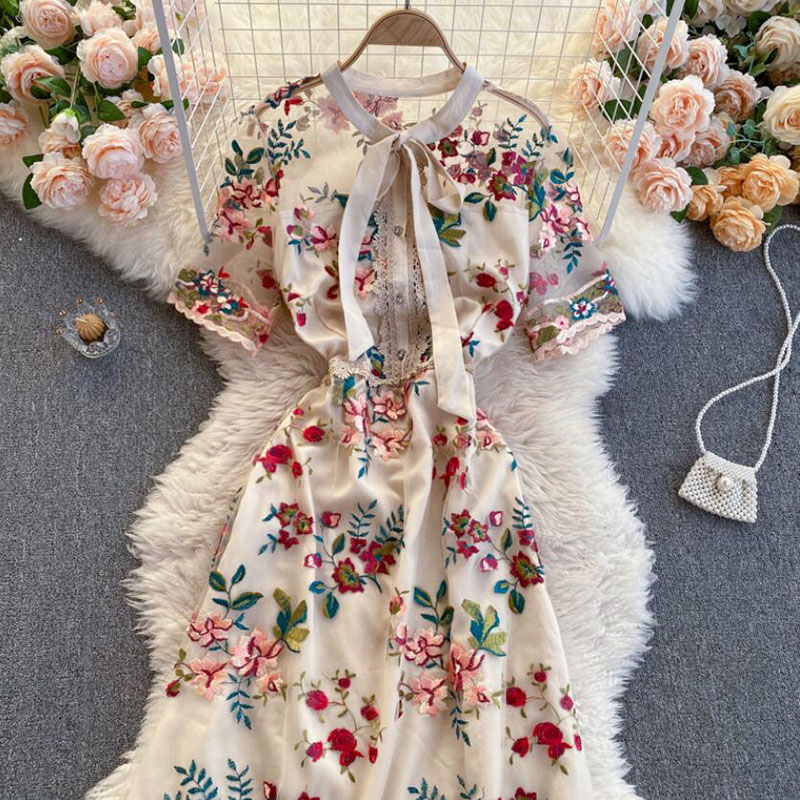 Party Lace Mesh Dress Women Flower Embroidery Dress Summer Female Bow Collar Short Sleeve Long Dress Vestidos