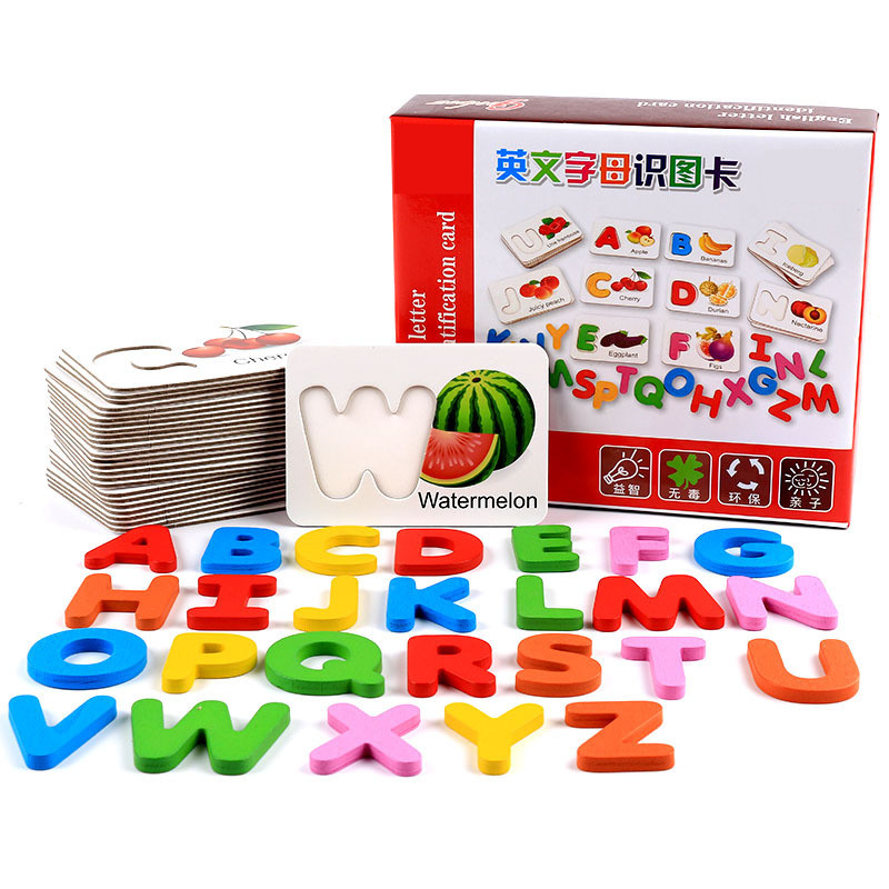 Houten Vroeg Onderwijs Baby Leren ABC Alfabet Brief Kaarten Cognitieve Educatief Speelgoed voor Kinderen Fruit Groente Puzzel