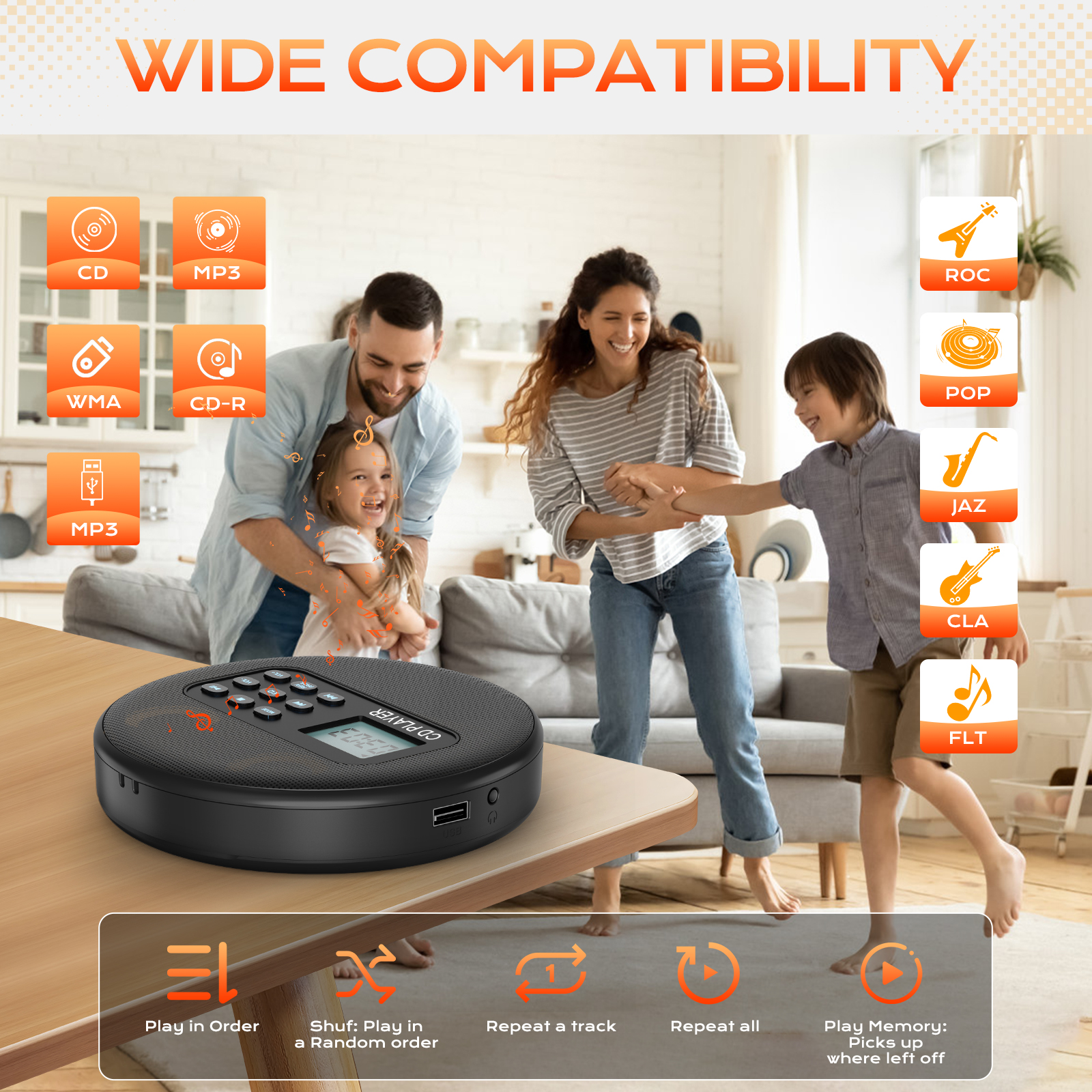 Portable cd player with speakers and earbuds walkman cd player rechargeable with USB MP3 discman for car with audio cable