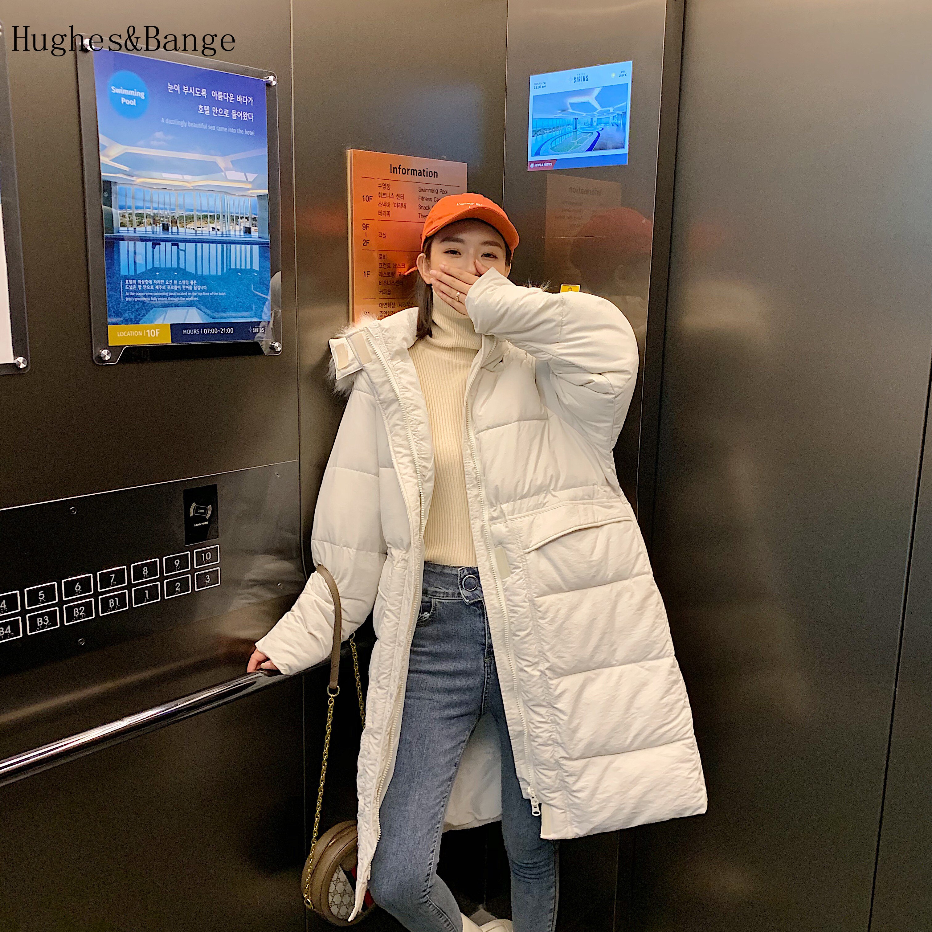 Autumn Women Female ultra Light Slim Thin Zipper Warm Feather Long Coat Good Qualit Hooded big fur collar chic down jacket