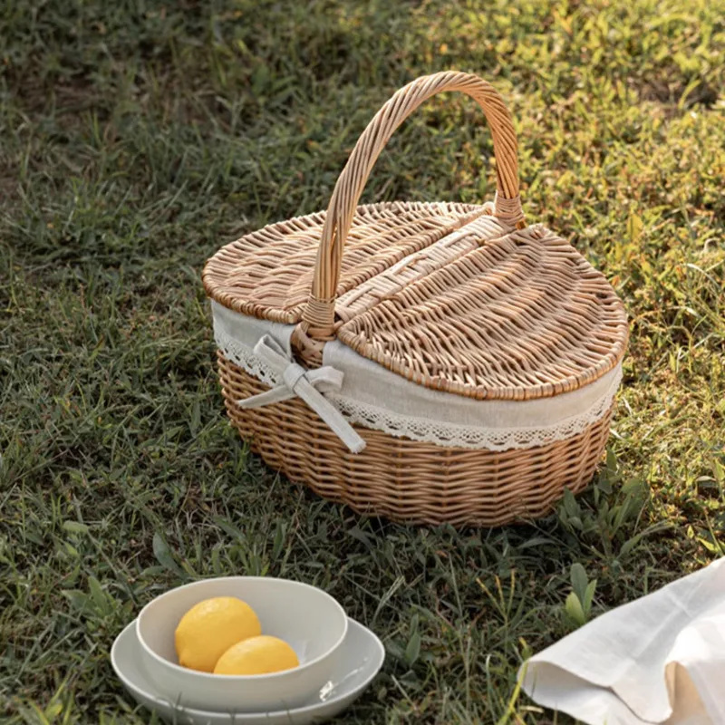 Cesta de Picnic de gran capacidad con tapa, cesta tejida de mimbre y bambú, contenedor de aperitivos para almacenamiento de frutas para el hogar, cesta de mimbre para exteriores