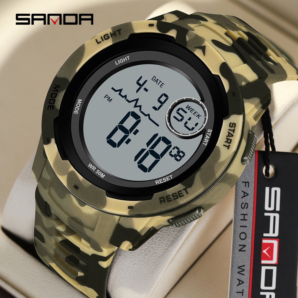 SANDA 2185 elektronische Uhr, beliebte Tarnung, Militärstil, Kühler Trend, Wecker, multifunktionale elektronische Herrenuhr