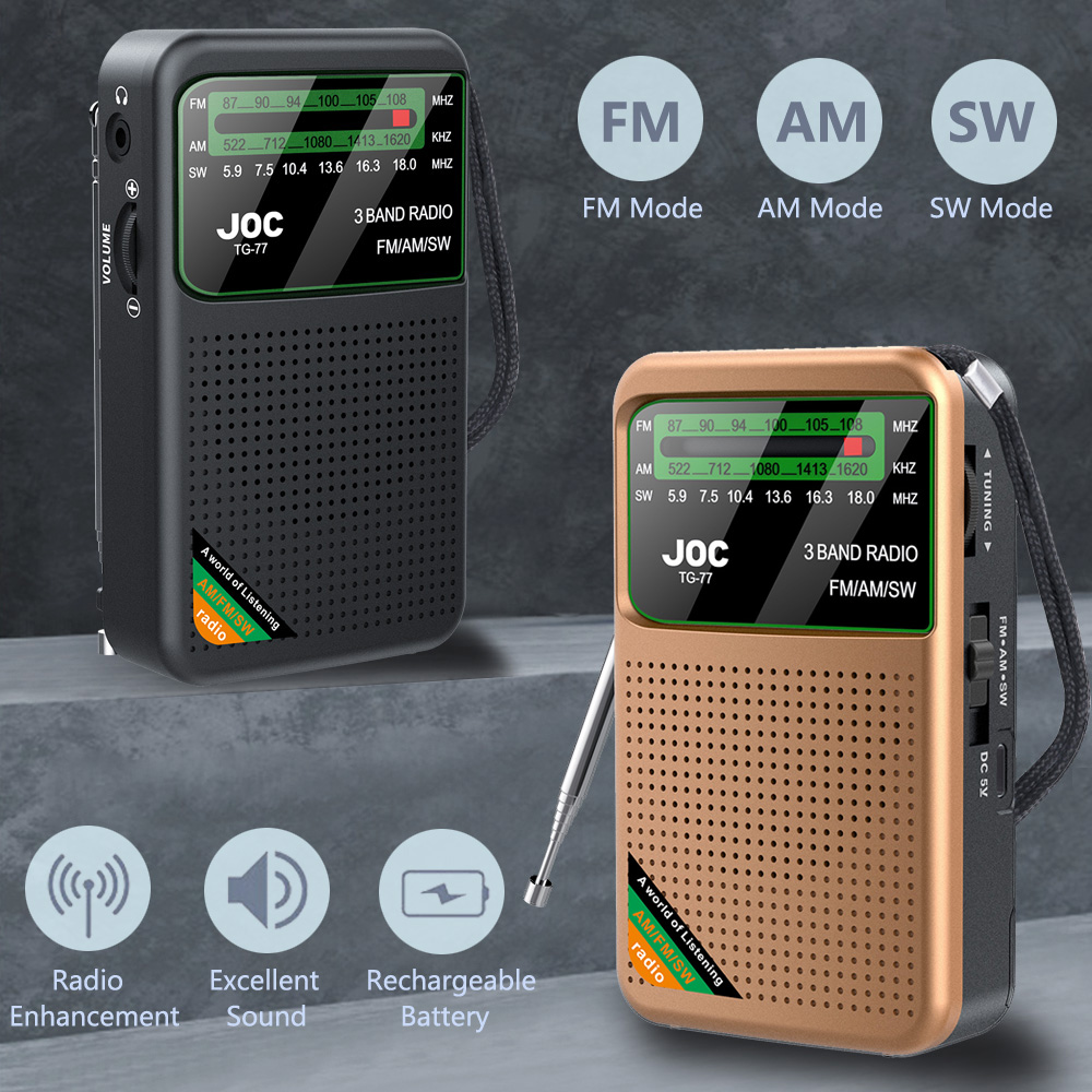 Fickradio am/fm/sw bärbar radio batterier uppladdningsbara stöder anslutning trådbunden hörlur bärbar fm-radiomottagare