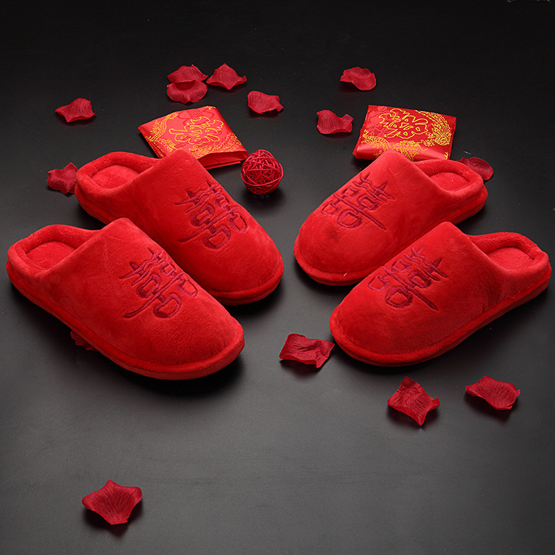 Hommes pantoufles de mariage automne hiver Couple maison pantoufle unisexe amoureux chaussures marié mariée chaussures fourrure douce en peluche tongs