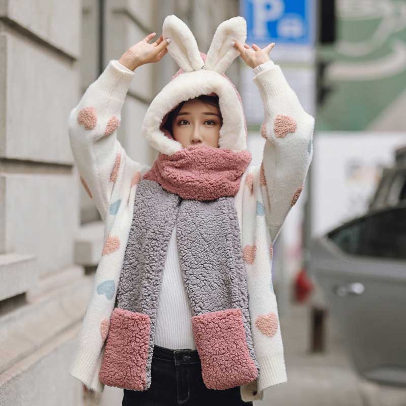 Nyeste baby forældre-barn søde kanin øre fløjl vinter dobbelt lag hat + tørklæde + handsker halsvarmer jakkesæt til barn voksen
