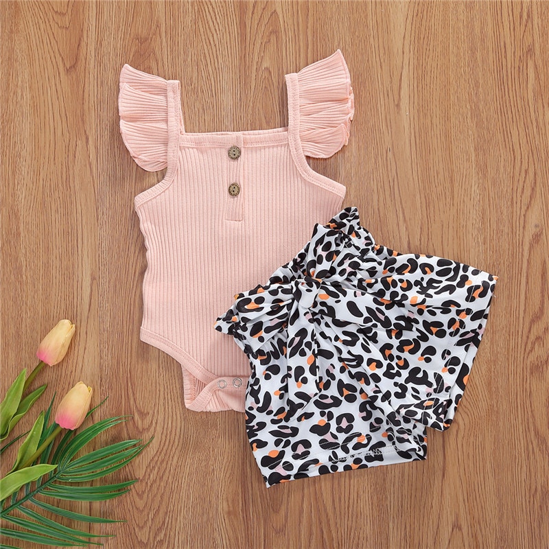 0-24m nyfødte baby piger tøj sæt søde sommer børn piger ribbet strikket knap romper høj talje bælte leopard print shorts: B / 12m