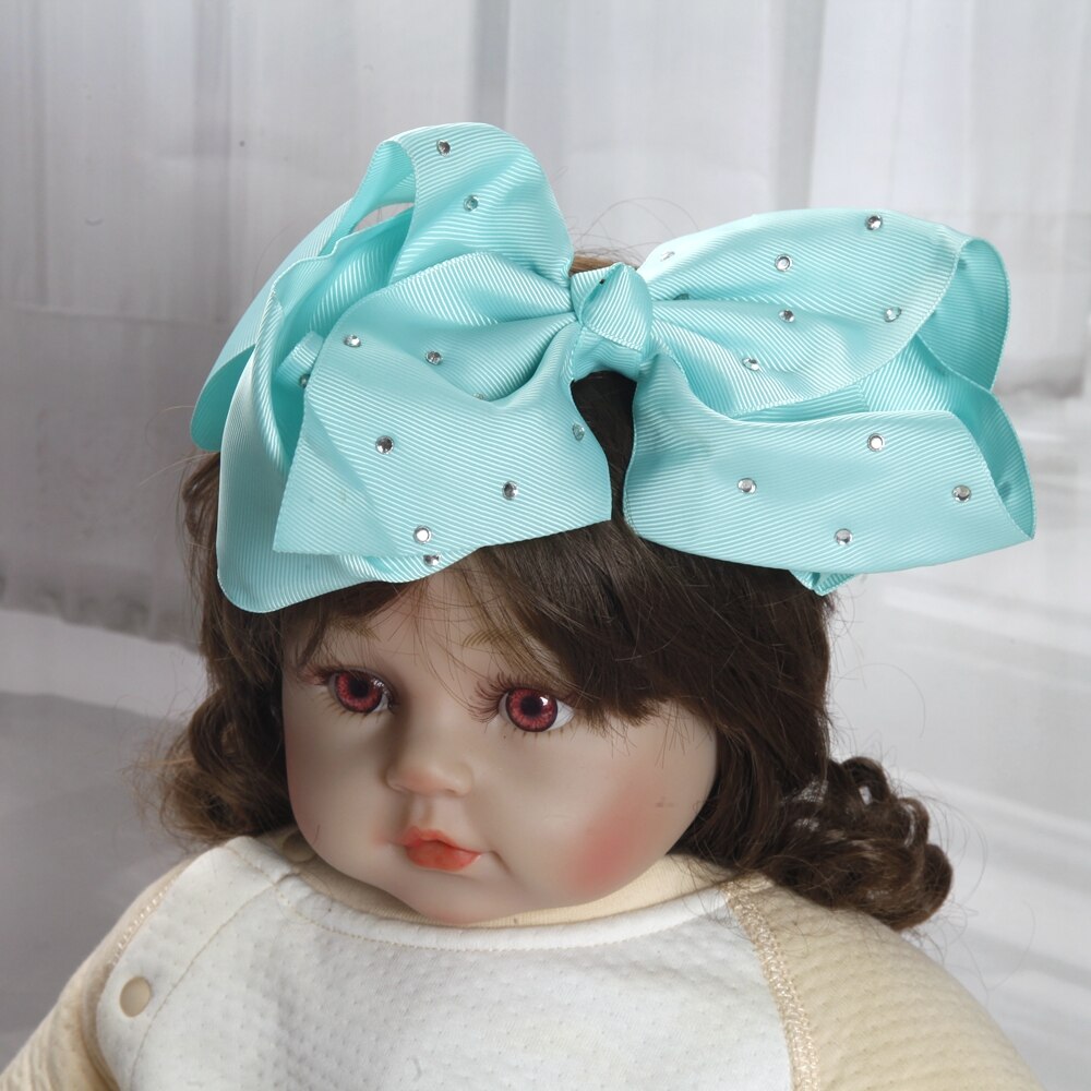 8inch large bows hair clips for Baby Girls Kids Soft Bows Rhinestone Knot Hair Bands Baby Hair Accessories Children Headwear: WHITE