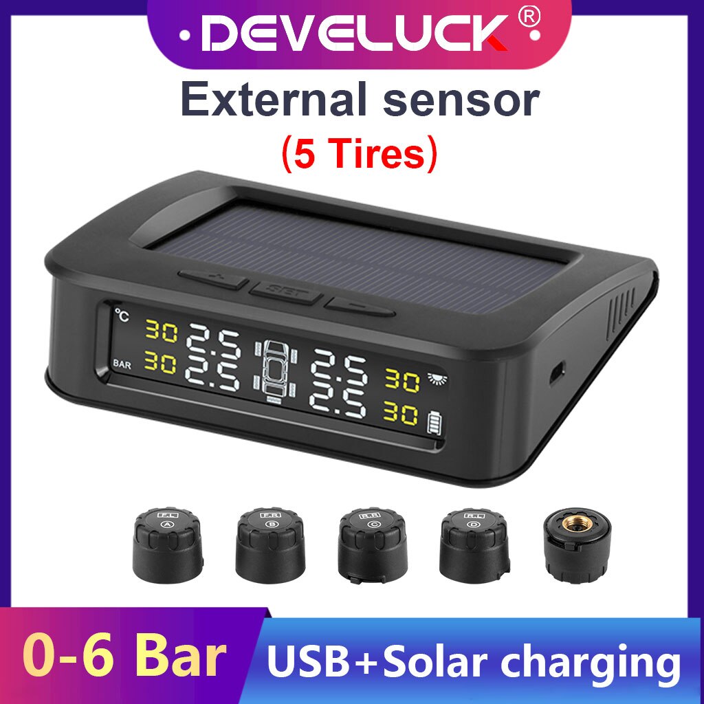 TPMS Car Tire Pressure Alarm Monitor System 5 sensors Display Solar charge pressure control Warning with External sensors 6 bar